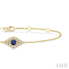 2.60 MM Round Cut Sapphire and 1/10 Ctw Evil Eye Round Cut Diamond Precious Petite Fashion Bracelet in 10K Yellow Gold
