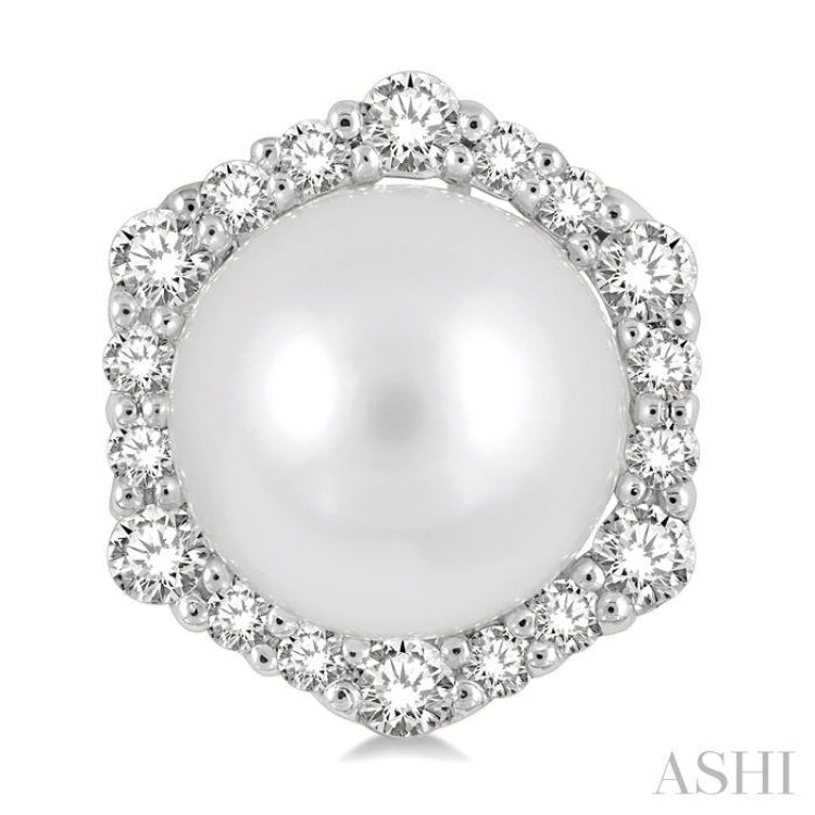 7 MM Cultured Pearls and 1/3 Ctw Hexagon Shape Round Cut Diamond Earrings in 14K White Gold