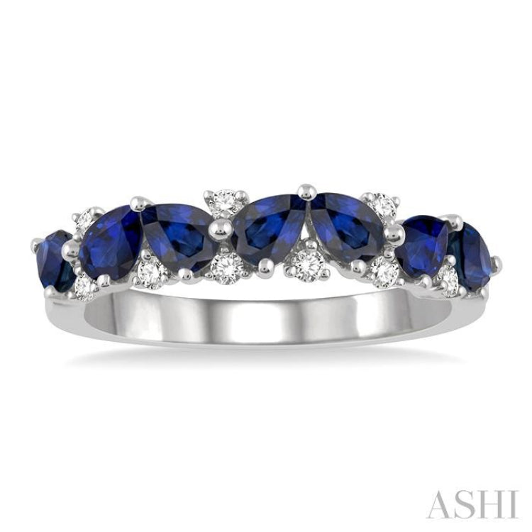 4x3 MM Pear Shape Sapphire and 1/6 Ctw Round Cut Diamond Precious Band in 14K White Gold