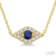 2.60 MM Round Cut Sapphire and 1/10 Ctw Evil Eye Round Cut Diamond Precious Petite Fashion Pendant With Chain in 10K Yellow Gold