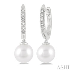 6 MM Round Shape Cultured Pearls and 1/8 Ctw Round Cut Diamond Drop Petite Huggie Earrings 14K White Gold
