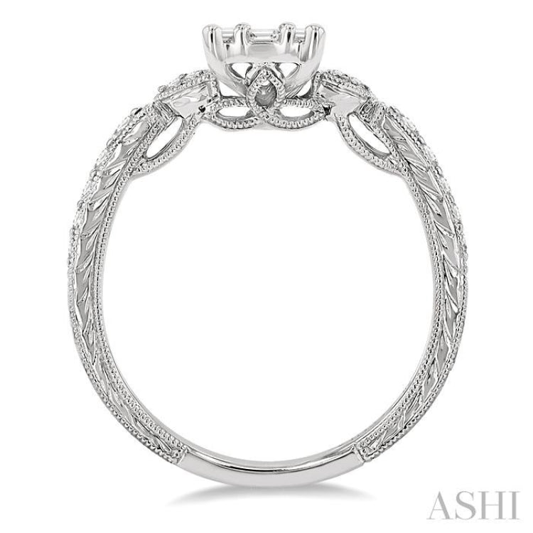 1/2 Ctw Carved Shank Fusion Baguette and Round Cut Diamond Engagement Ring in 14K White Gold