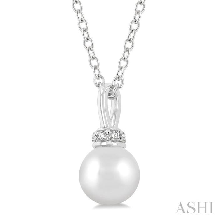 6 MM Round Shape Cultured Pearl and 1/20 Ctw Petite Round Cut Diamond Crown Fashion Pendant With Chain in 10K White Gold