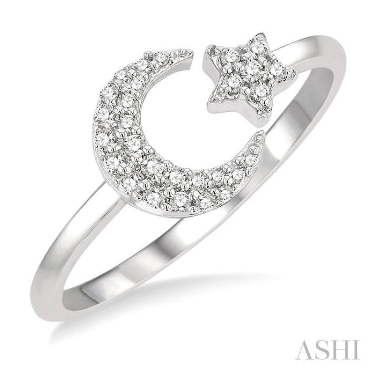 1/6 Ctw Crescent Moon and Star Round Cut Petite Diamond Fashion Ring in 10K White Gold