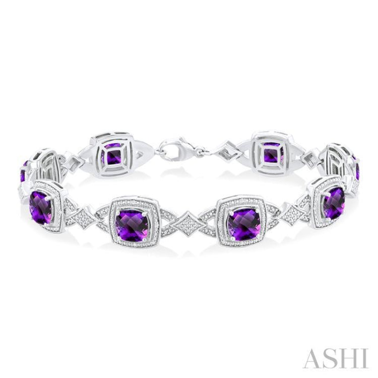 7X7 MM Cushion Shape Amethyst and 1/10 Ctw Round Cut Diamond Semi-Precious Bracelet in Sterling Silver