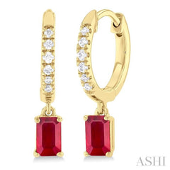 5x3 MM Emerald Cut Drop Ruby and 1/8 Ctw Petite Round Cut Diamond Precious Fashion Huggies in 10K Yellow Gold