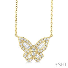 1/3 Ctw Petite Butterfly Baguette and Round Cut Diamond Fashion Pendant With Chain in 10K Yellow Gold