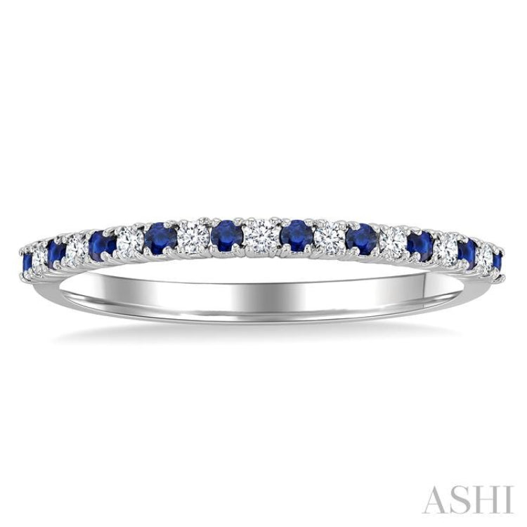 1.35 MM Round Shape Sapphire and 1/10 Ctw Petite Round Cut Diamond Precious Stack Band in 10K White Gold