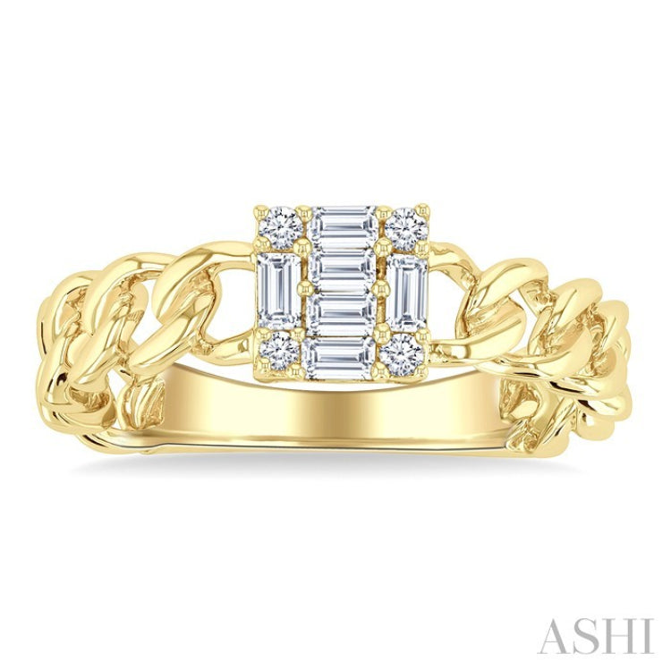 1/4 Ctw Fusion Baguette and Round Cut Diamond Curb & Cuban Link Fashion Ring in 14K Yellow Gold