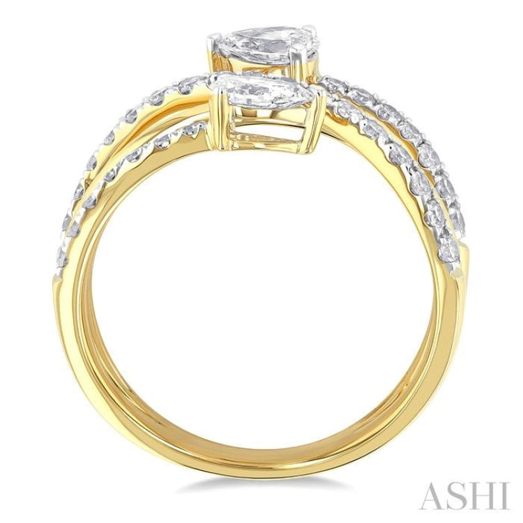1 Ctw East West Pear and Round Cut Diamond Split Open-End Fashion Ring in 14K Yellow Gold
