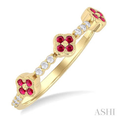 1.25 MM Round Cut Ruby and 1/10 Ctw Clover Leaf & Bar Link Round Cut Diamond Precious Ring in 10K Yellow Gold