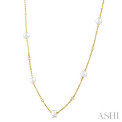 4 MM Round Shape Cultured Pearl and 1/6 Ctw Round Cut Diamond Station Necklace in 14K Yellow Gold