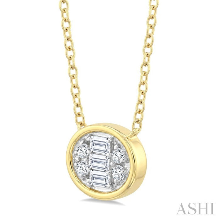 1/6 Ctw Petite Bezel Set East-West Oval Shape Fusion Baguette and Round Cut Diamond Fashion Pendant With Chain in 10K Yellow Gold