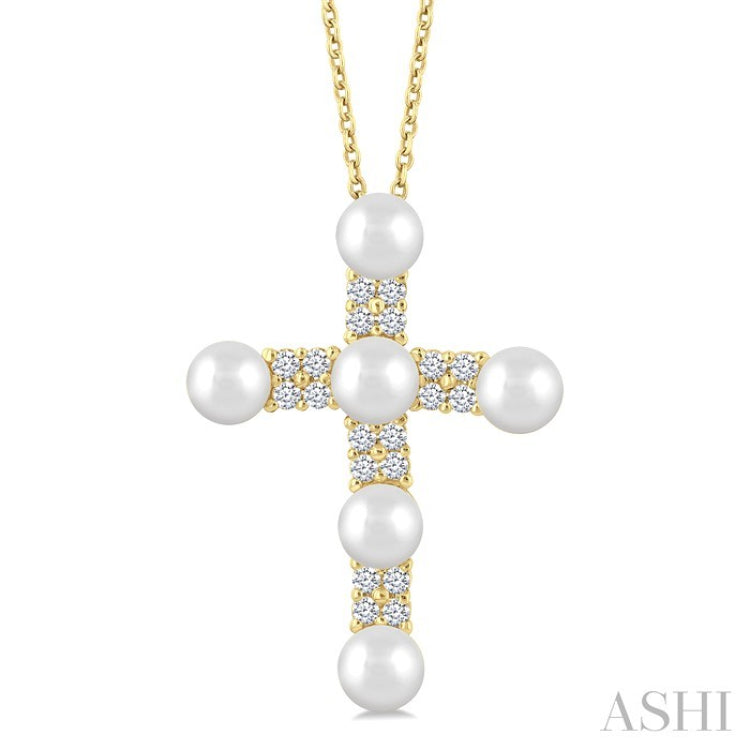 4 MM Cross Cultured Pearl and 1/5 Ctw Round Cut Diamond Fashion Pendant With Chain in 10K Yellow Gold