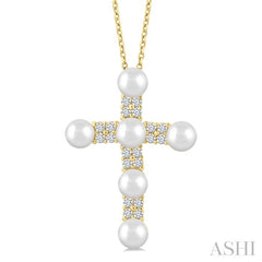 4 MM Cross Cultured Pearl and 1/5 Ctw Round Cut Diamond Fashion Pendant With Chain in 10K Yellow Gold