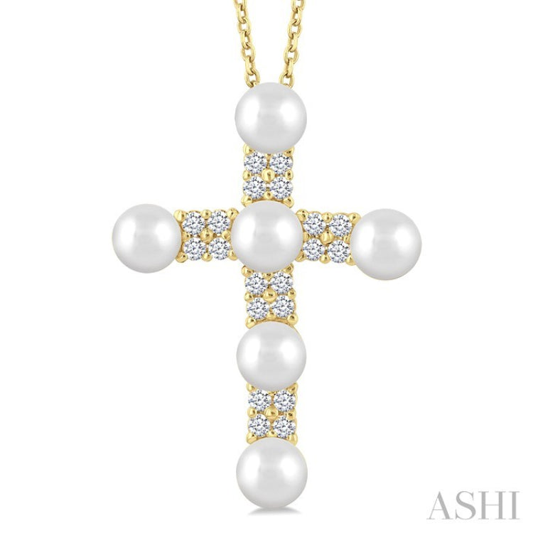4 MM Cross Cultured Pearl and 1/5 Ctw Round Cut Diamond Fashion Pendant With Chain in 10K Yellow Gold