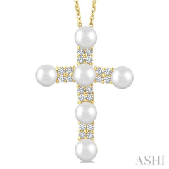 4 MM Cross Cultured Pearl and 1/5 Ctw Round Cut Diamond Fashion Pendant With Chain in 10K Yellow Gold