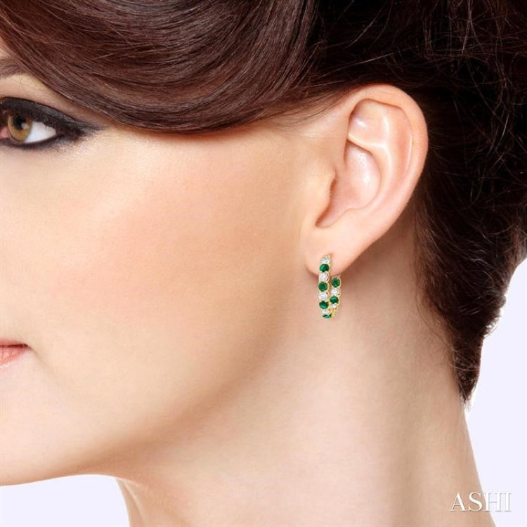 3.1 MM Emerald and 1 5/8 Ctw Round Cut Inside-Out Diamond Precious Hoop Earrings in 14K Yellow Gold