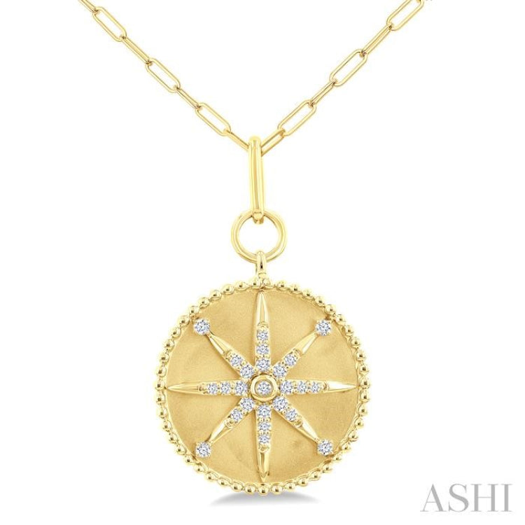 1/4 Ctw Round Cut Diamond Compass Symbol Circle Medallion Fashion Pendant With Paperclip Chain in 14K Yellow Gold