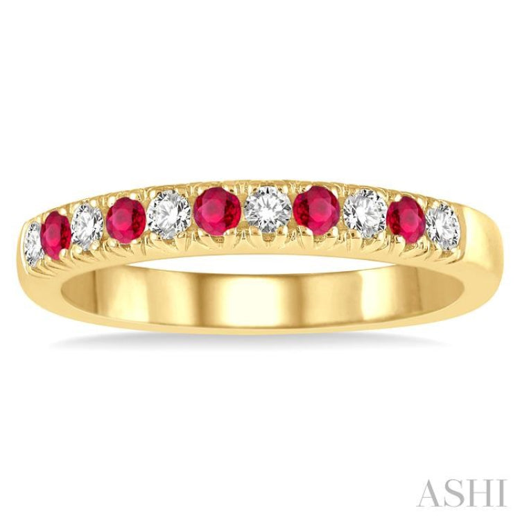 2 MM Ruby and 1/5 Ctw Round Cut Diamond Precious Wedding Band in 14K Yellow Gold