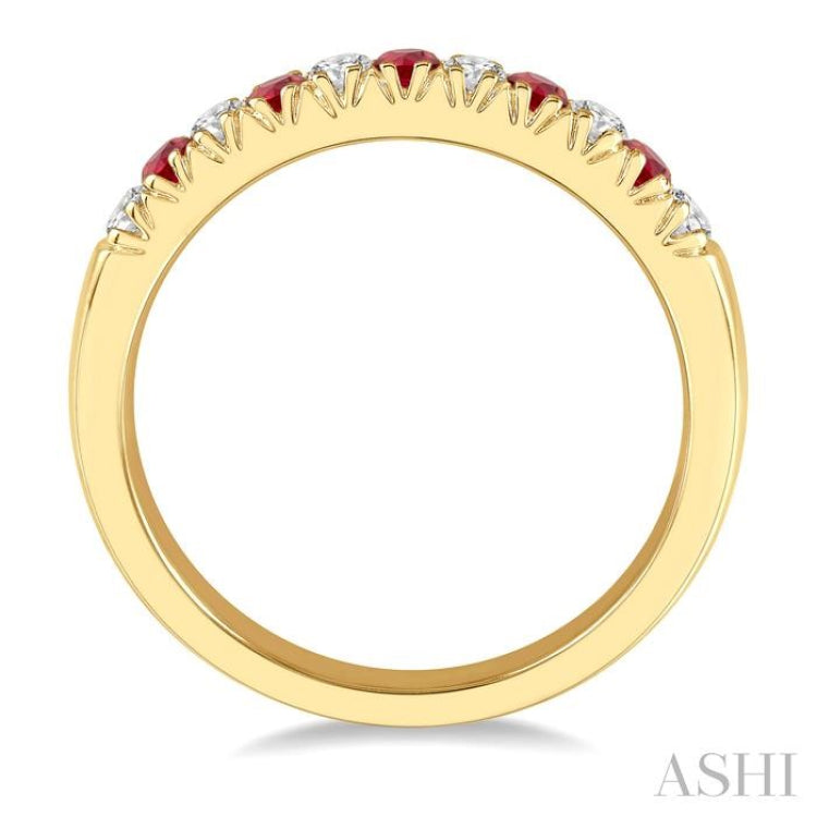 2 MM Ruby and 1/5 Ctw Round Cut Diamond Precious Wedding Band in 14K Yellow Gold