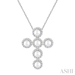4 MM Cross Cultured Pearl and 1/4 Ctw Round Cut Diamond Pendant With Chain in 14K White Gold