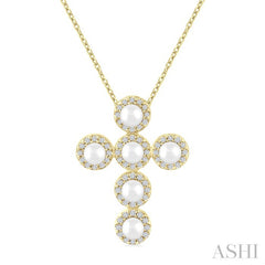4 MM Round Shape Cultured Pearl and 1/4 Ctw Round Cut Diamond Cross Pendant With Chain in 14K Yellow Gold