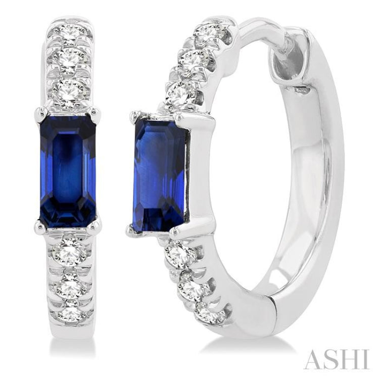 4X2 MM Baguette Cut Sapphire and 1/8 Ctw Petite Round Cut Diamond Fashion Huggies in 10K White Gold