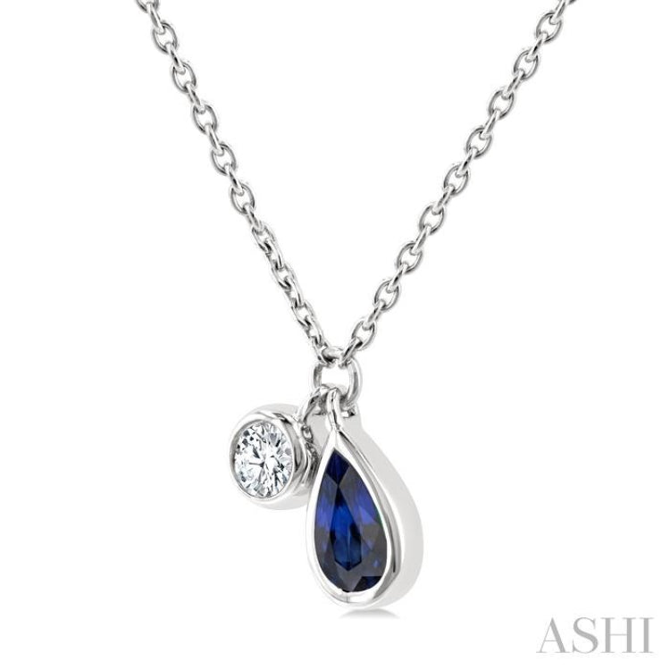 5x3 MM Pear Cut Sapphire and 1/50 Ctw Bezel Set Round Cut Diamond Precious Pendant With Chain in 10K White Gold