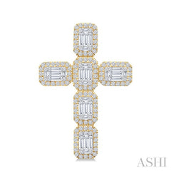 1 1/2 Ctw Cross Fusion Baguette and Round Cut Diamond Fashion Pendant in 14K Yellow and White Gold