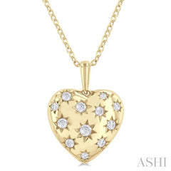 1/6 Ctw Bold Star Engraved Puffed Heart Round Cut Diamond Fashion Pendant With Chain in 10K Yellow Gold