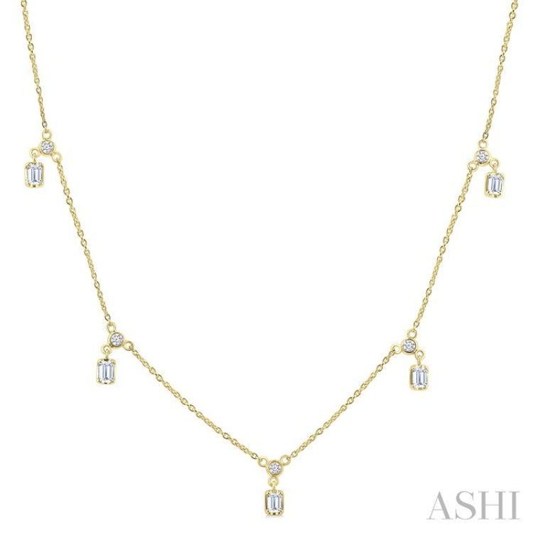 5/8 Ctw Dangle Emerald and Round Cut Diamond Station Necklace in 14K Yellow Gold