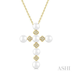 4 MM Round Shape Cultured Pearl and 1/10 Ctw Clover Round Cut Diamond Cross Pendant With Chain in 10K Yellow Gold