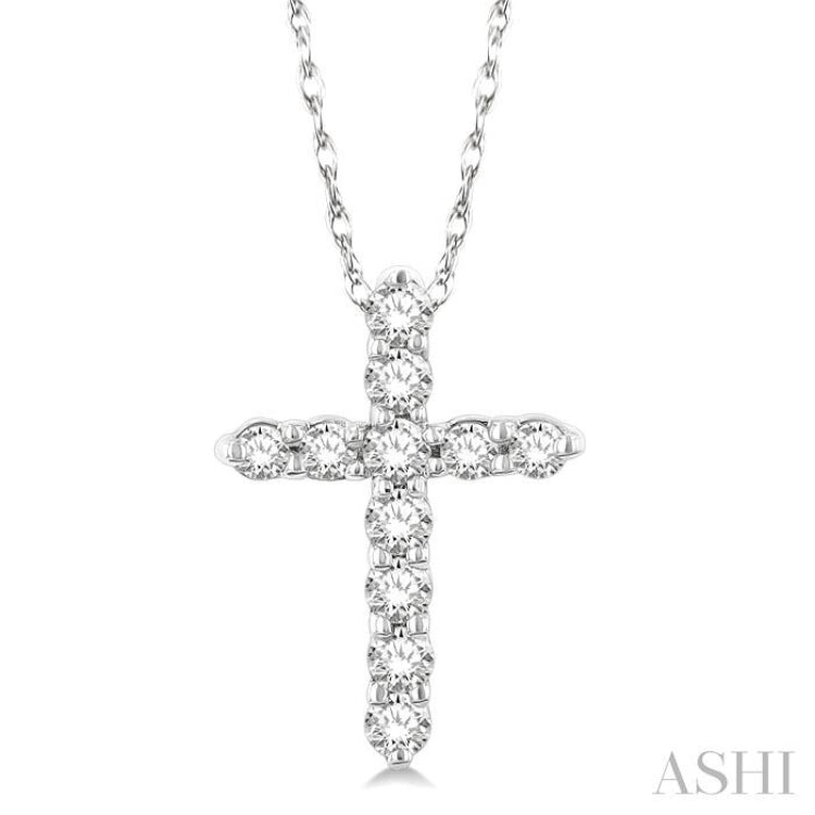 1/10 Ctw Round Cut Diamond Cross Pendant in 10K White Gold with Chain