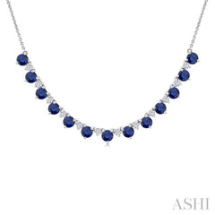 3.5 MM Round Shape Sapphire and 1/2 Ctw Round Cut Diamond Precious Tennis Necklace in 14K White Gold