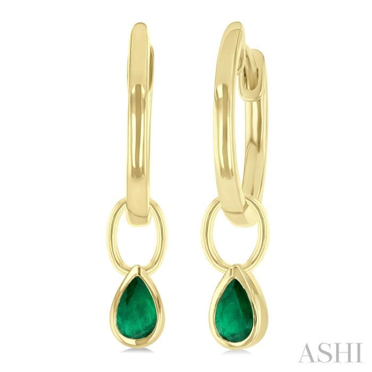 5x3 MM Bezel Set Pear Cut Emerald Precious Fashion Huggie Earrings in 14K Yellow Gold