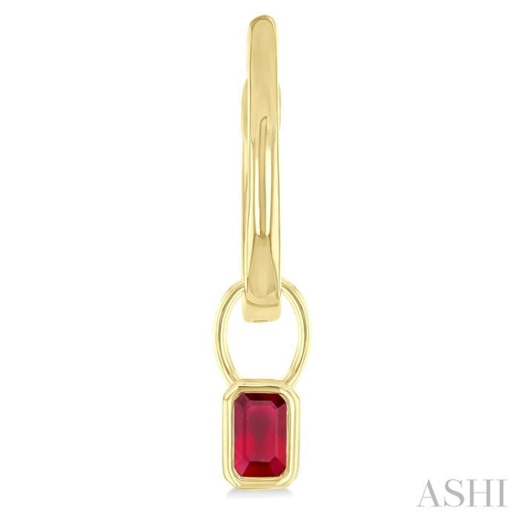 5x3 MM Bezel Set Emerald Cut Ruby Precious Fashion Huggie Earrings in 14K Yellow Gold