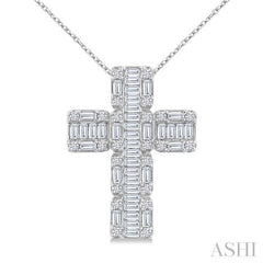 1 Ctw Fusion Baguette and Round Cut Diamond Cross Fashion Pendant With Chain in 14K White Gold